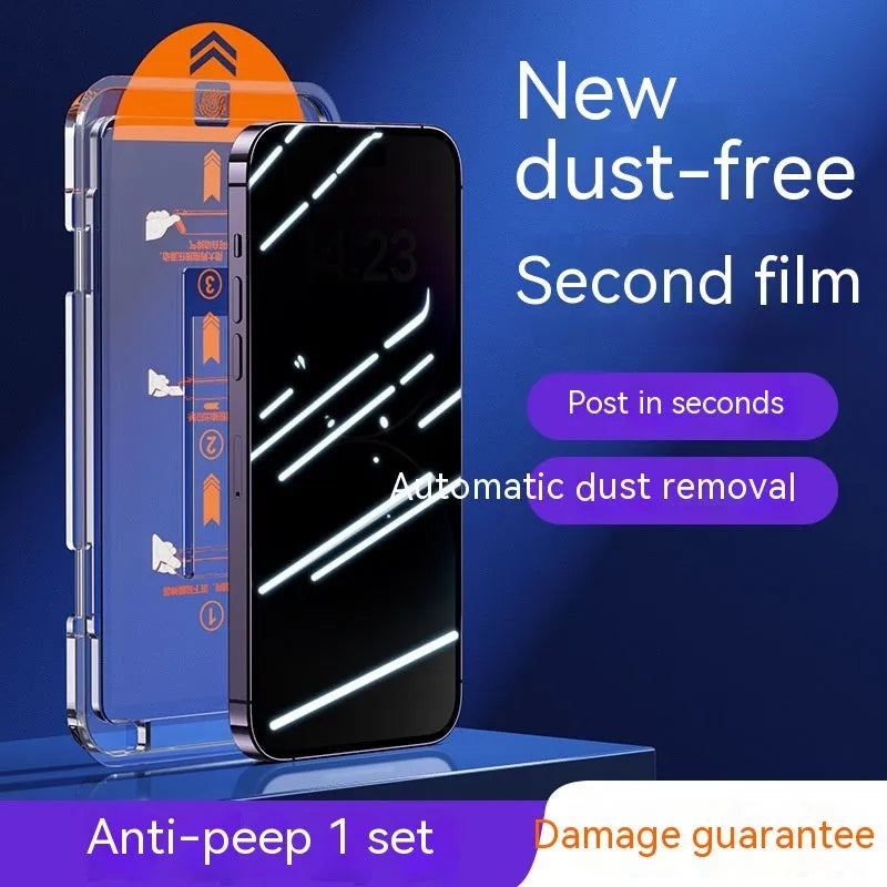 iPhone tempered glass screen protector with dust-free application kit on a table.