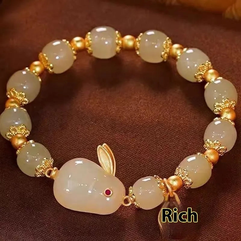 Green jade hare bracelet for women with electroplated finish and Chinese style animal design