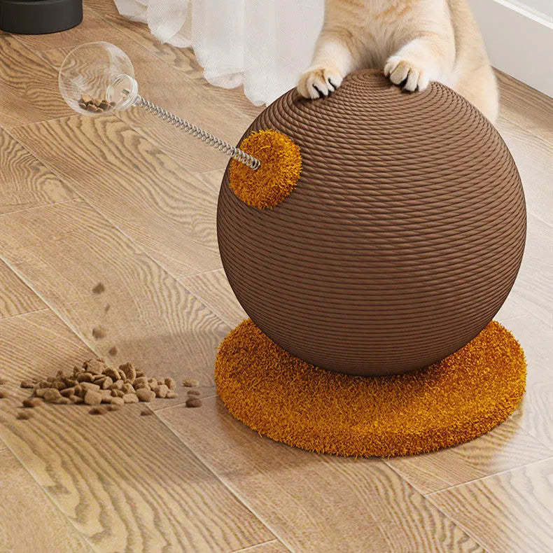 Hemp rope cat scratch board in large or small size with a built-in cat grasping ball toy.