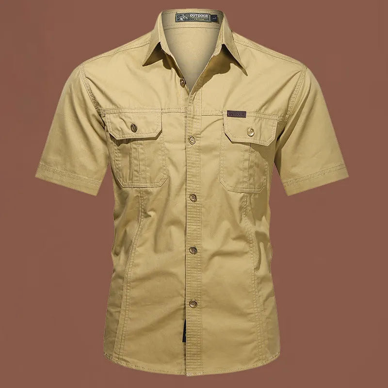 Men's short sleeve cotton work shirt in a loose cardigan style, shown in a selection of colours.