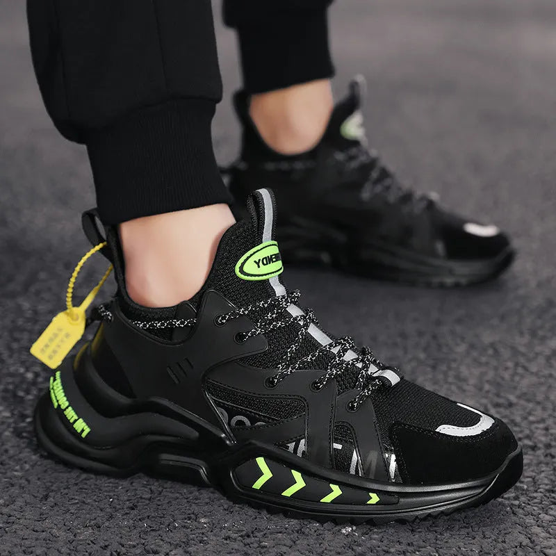 Men's high top fashion sneakers in black with PU mesh upper, hollow design, and thick sole