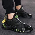 Men's high top fashion sneakers in black with PU mesh upper, hollow design, and thick sole
