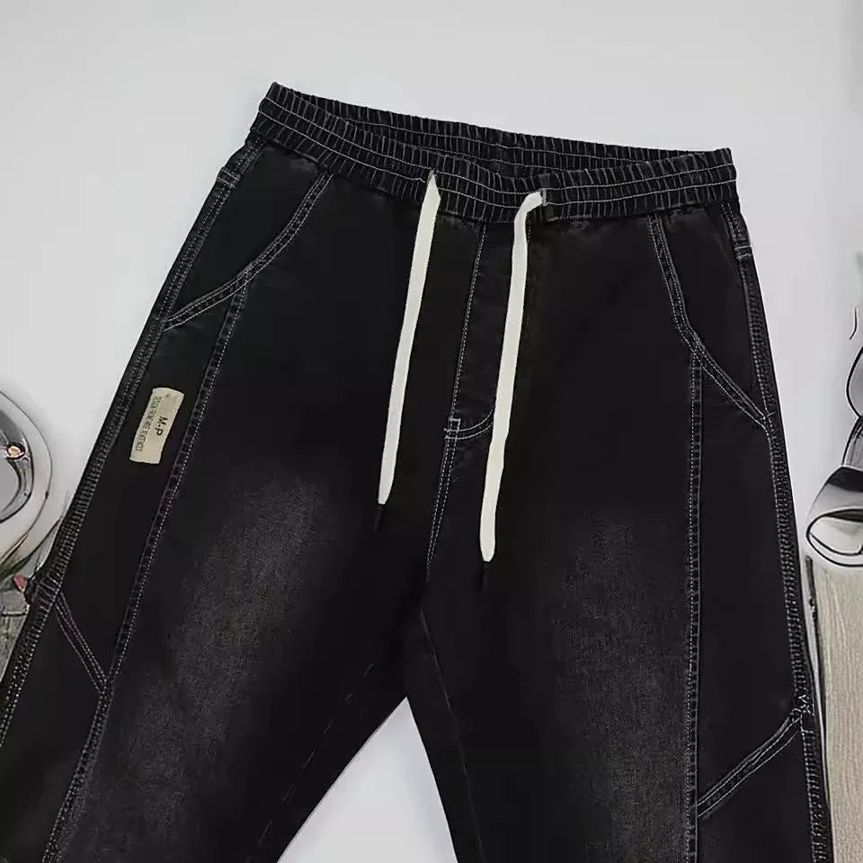 Men's slim fit ankle-tied harem jeans in blue, black, and gray – straight-leg cotton denim trousers