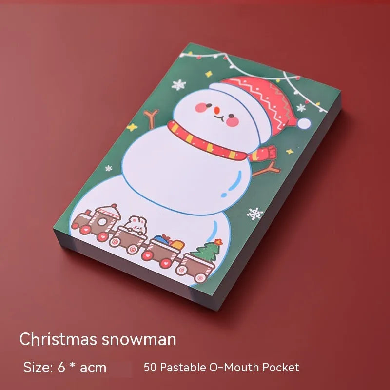 Christmas cartoon sticky notes set showing elf, gift, sled, crystal ball, Santa, house, bear, and snowman designs