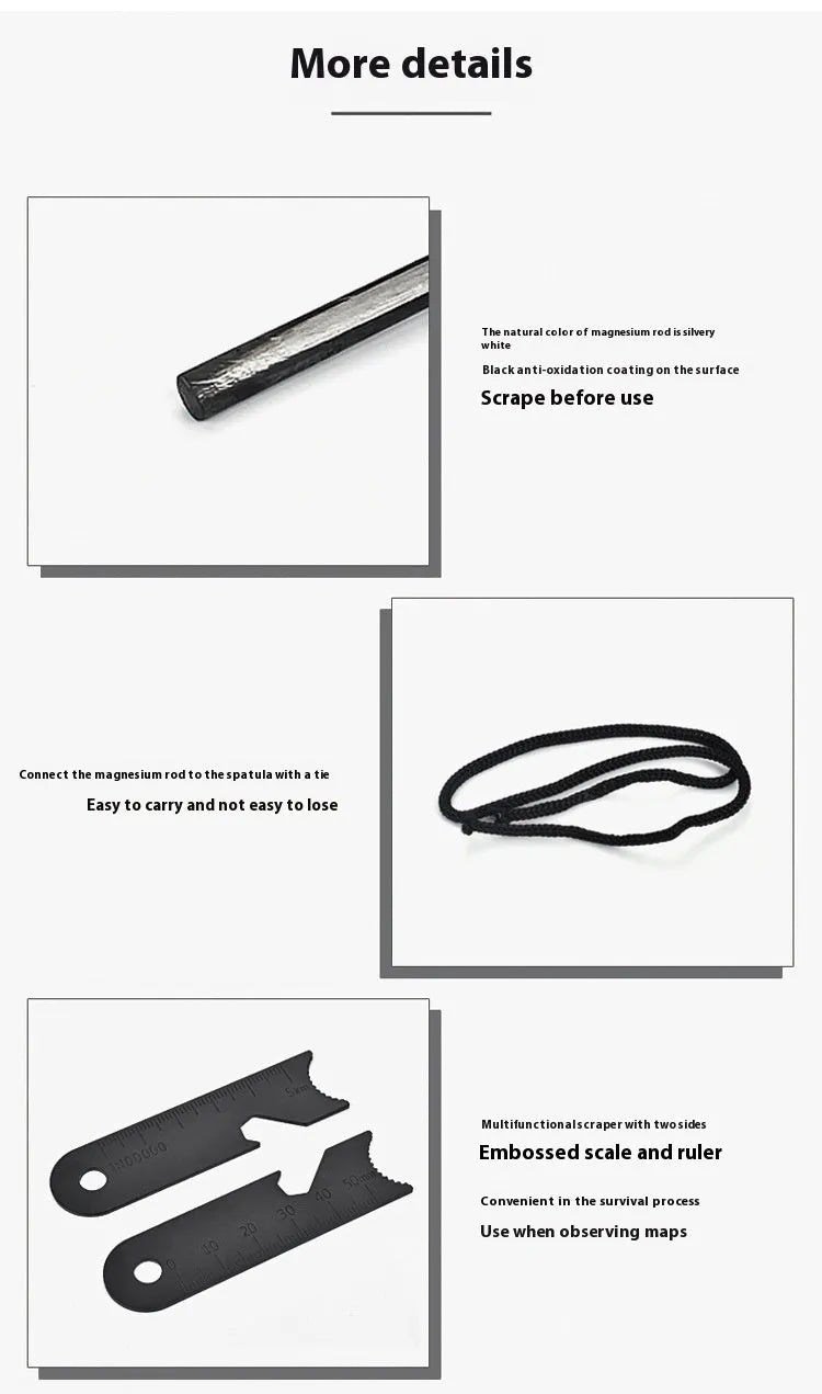 Black outdoor multifunctional flint with 13cm magnesium rod and stainless steel scraper survival tool