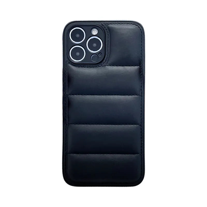 Fashion solid colour down jacket phone case for iPhone showing quilted texture