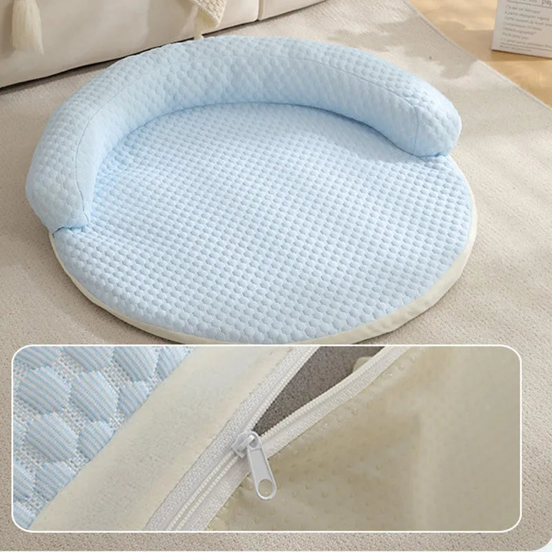 Cotton cooling dog bed mat in blue, available in sizes 50cm to 110cm