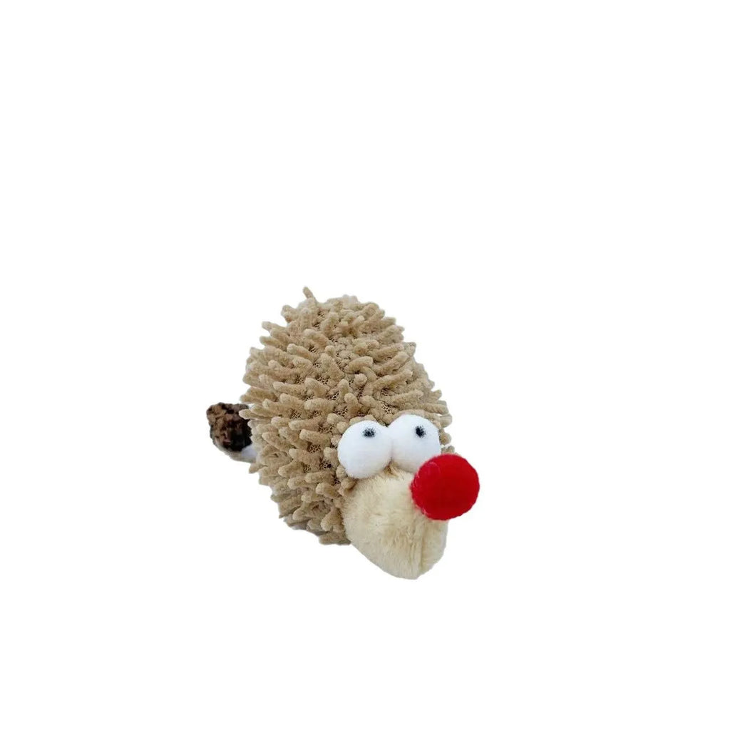 Cute plush cartoon hedgehog cat toy in khaki, made from chenille with catnip for nibbling play