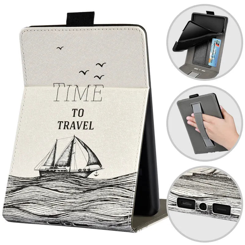 A 6-inch Kindle protective case in an embossed TPU material, shown in a Van Gogh starry sky design, with its folding bracket stand extended.