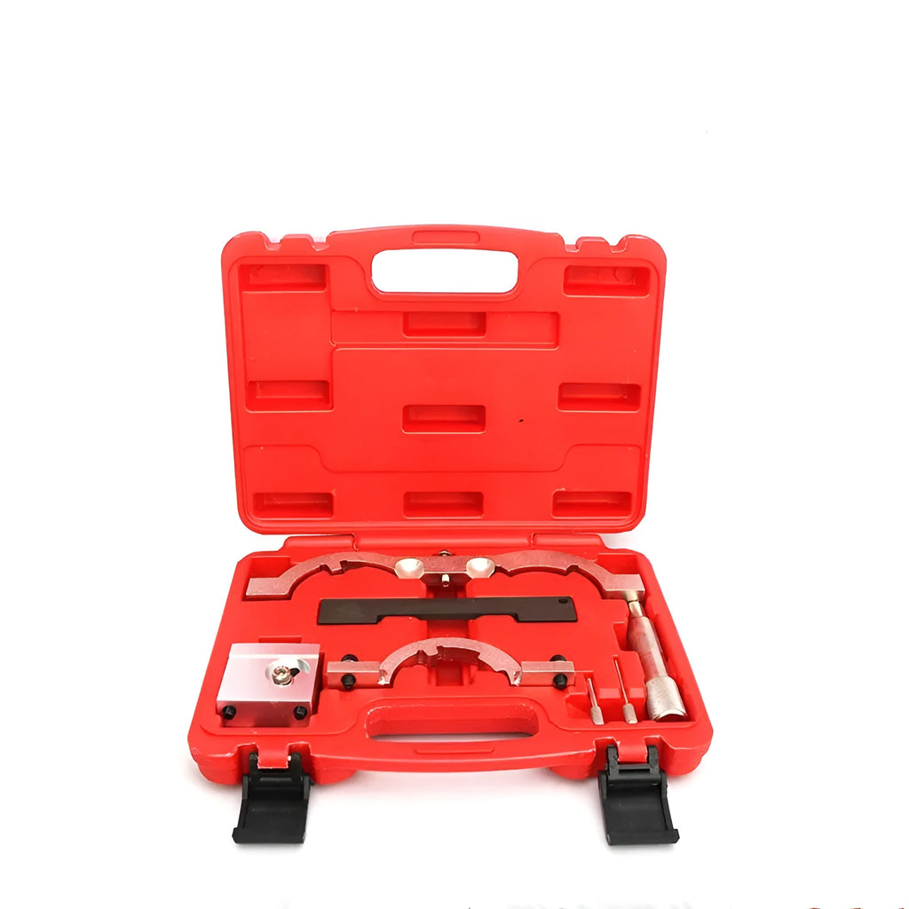 Red chrome-vanadium steel Opel 1.4 LUJ engine timing tool set with seven pieces.