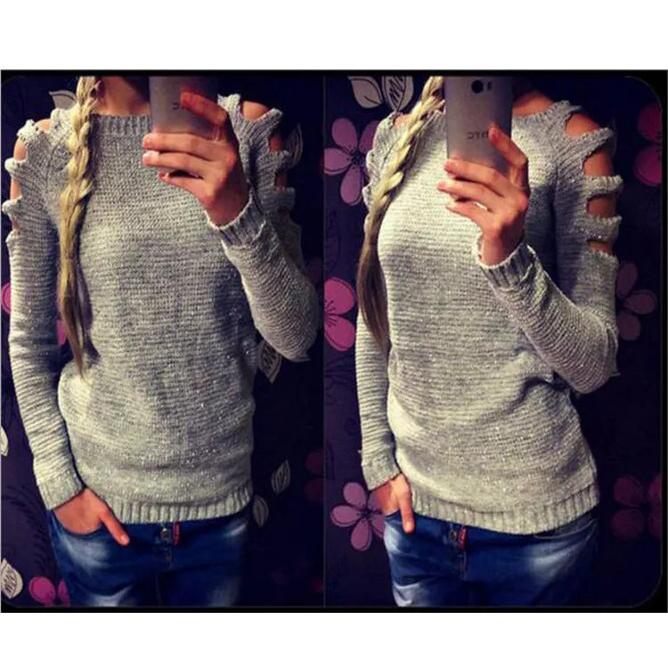 Women's white hollow-out crocheted knitted long sleeve pullover shirt.