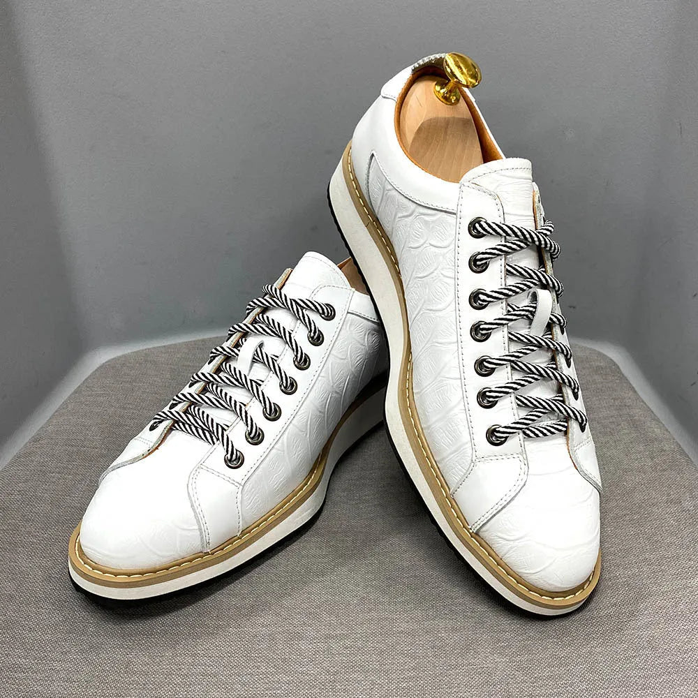 Men's handmade embossed pattern low-top shoes with front-tie lacing in four colour options