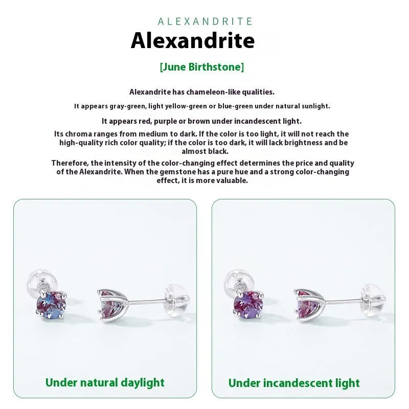Geometric cultivate Alexandrite stone colour ear studs made from 925 silver.