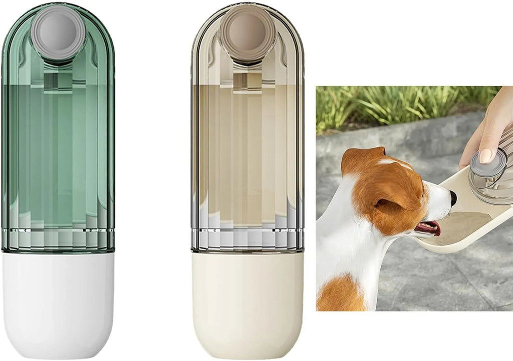 Beige dog water bottle with foldable silicone tray and integrated food dispenser base.