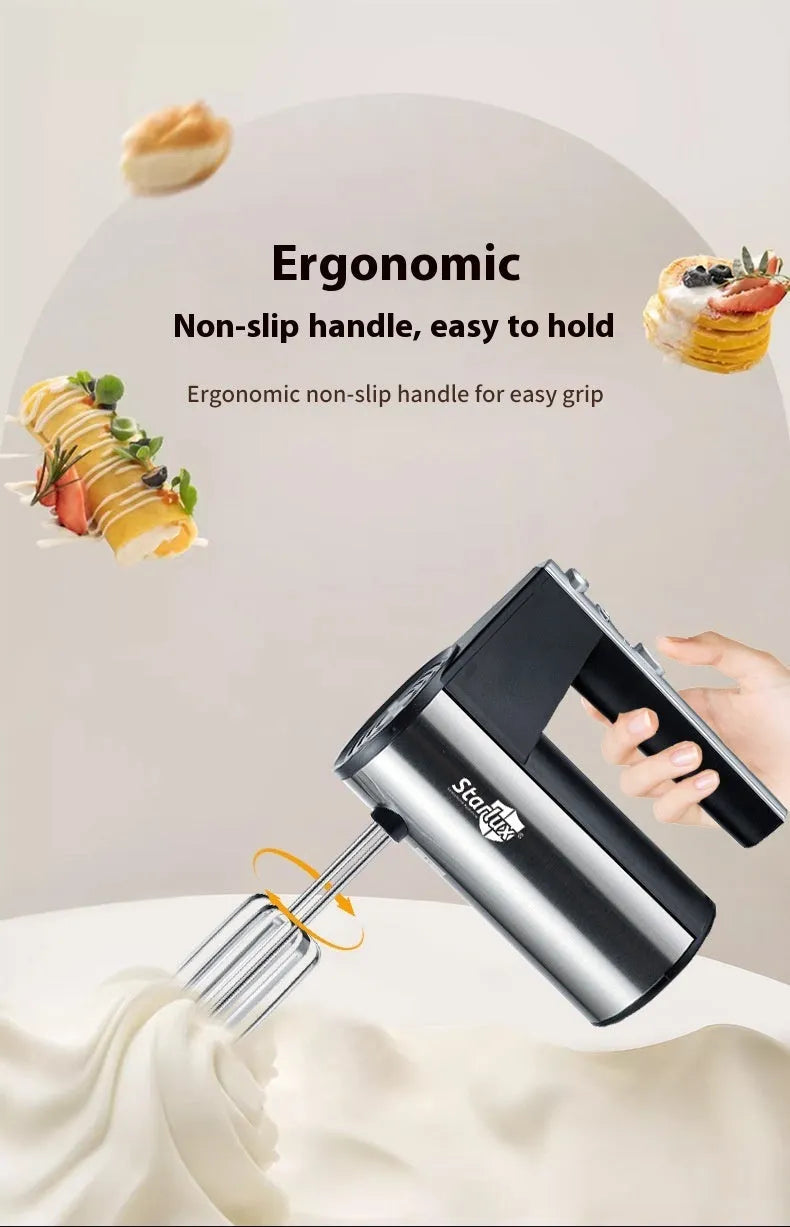 SL-25209 coloured 500W electric hand mixer with two metal beaters and five-speed control.
