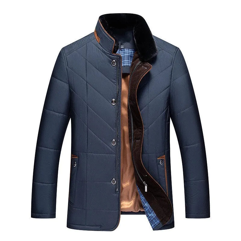 Men's dark blue winter short cotton-padded coat with side seam pockets.