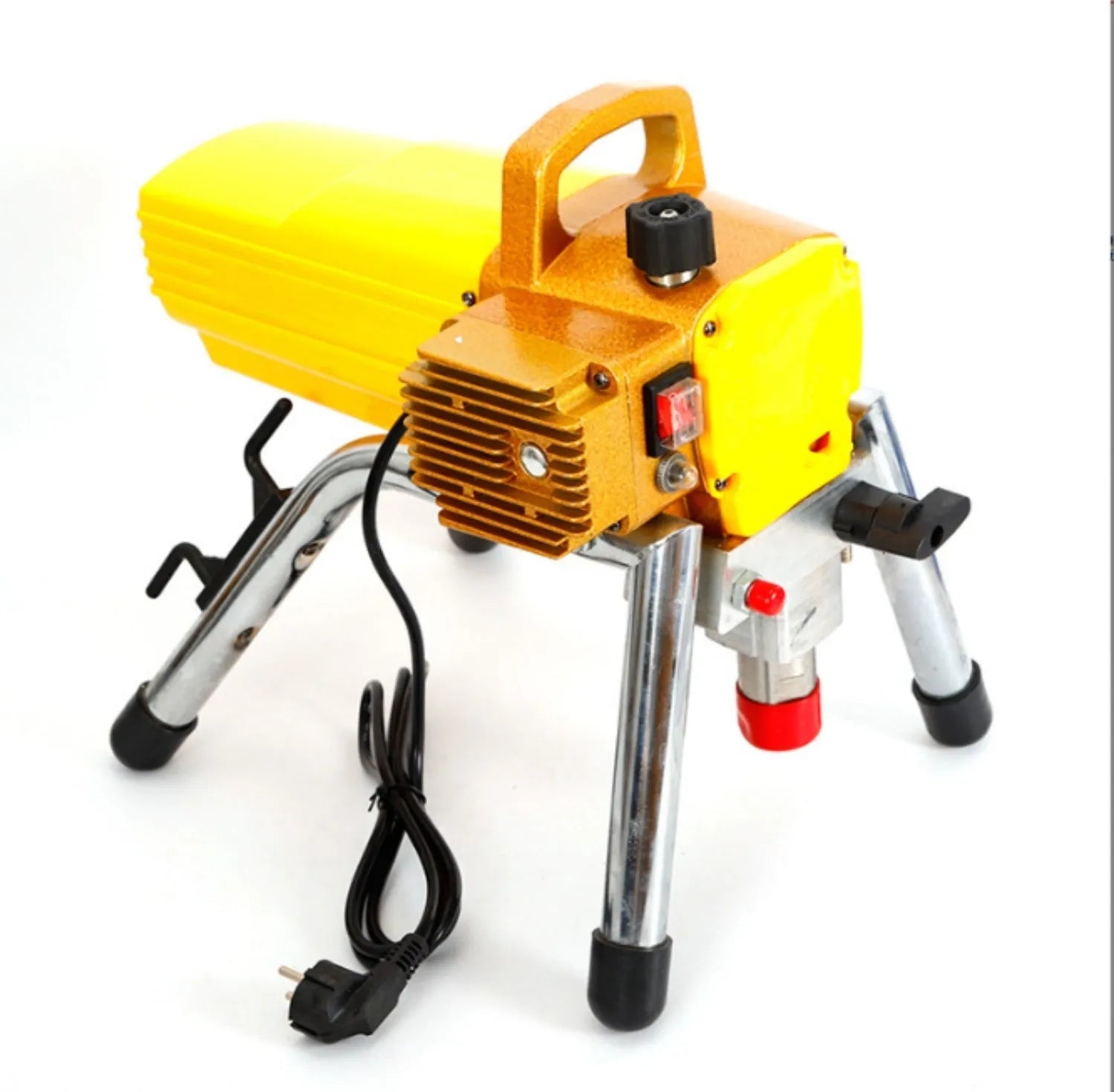 Blue portable electric airless spraying machine with spray gun, hose, and accessories on a workbench.