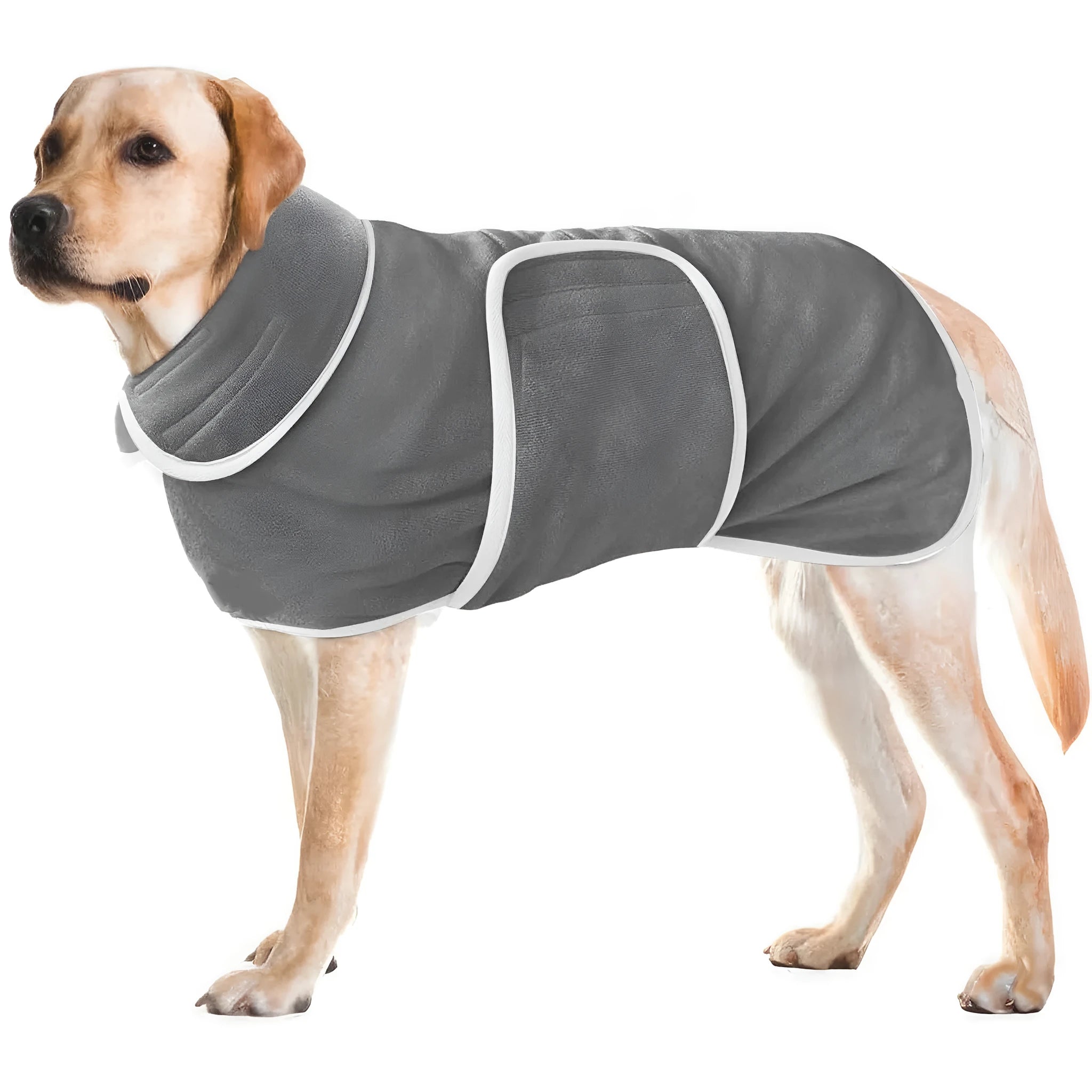 Super absorbent hooded dog bathrobe towel coat for drying pets in six sizes.