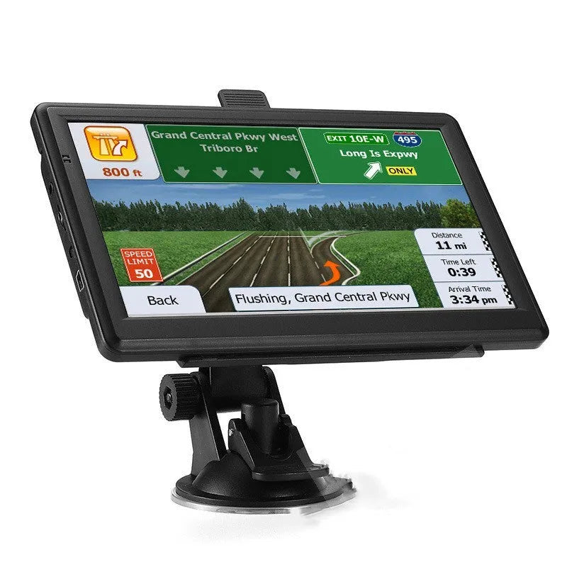 7 inch car GPS navigation device with touch screen display showing maps