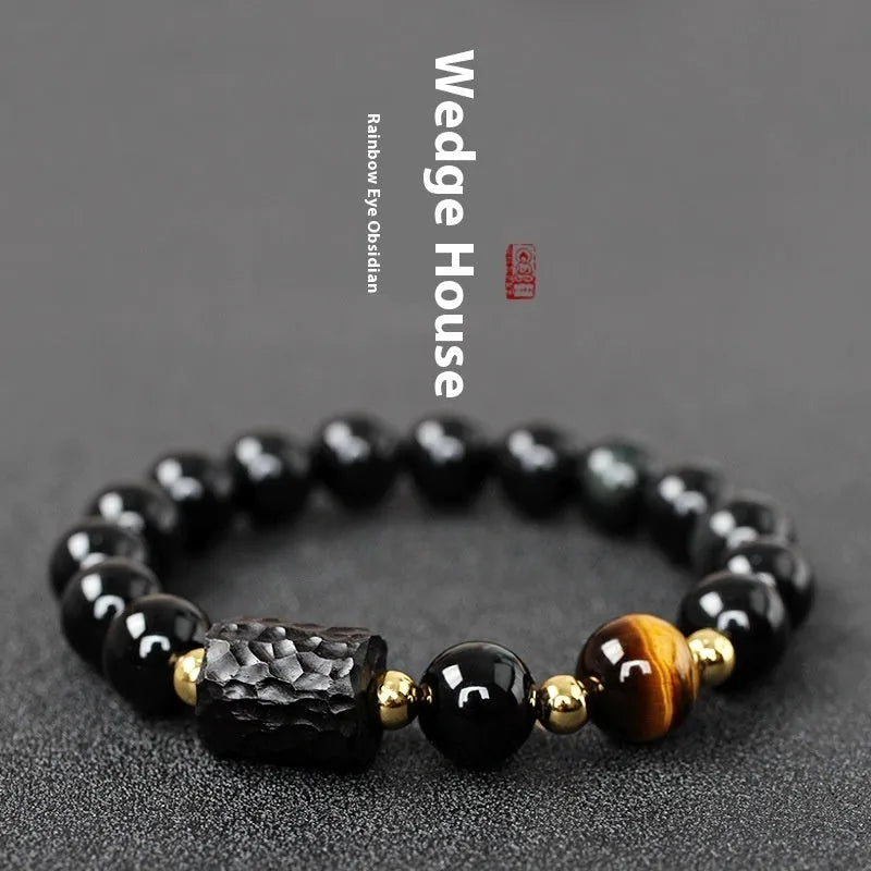 Handmade obsidian bracelet with 10mm tiger eye agate beads in unisex design
