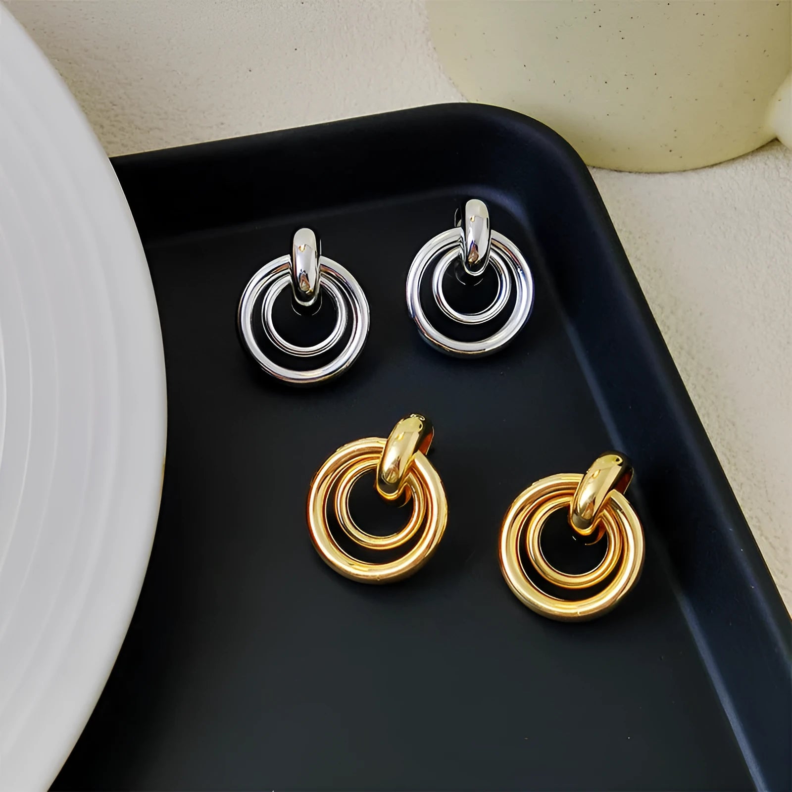 Geometric round ring earrings with irregular design in gold or silver electroplated finish