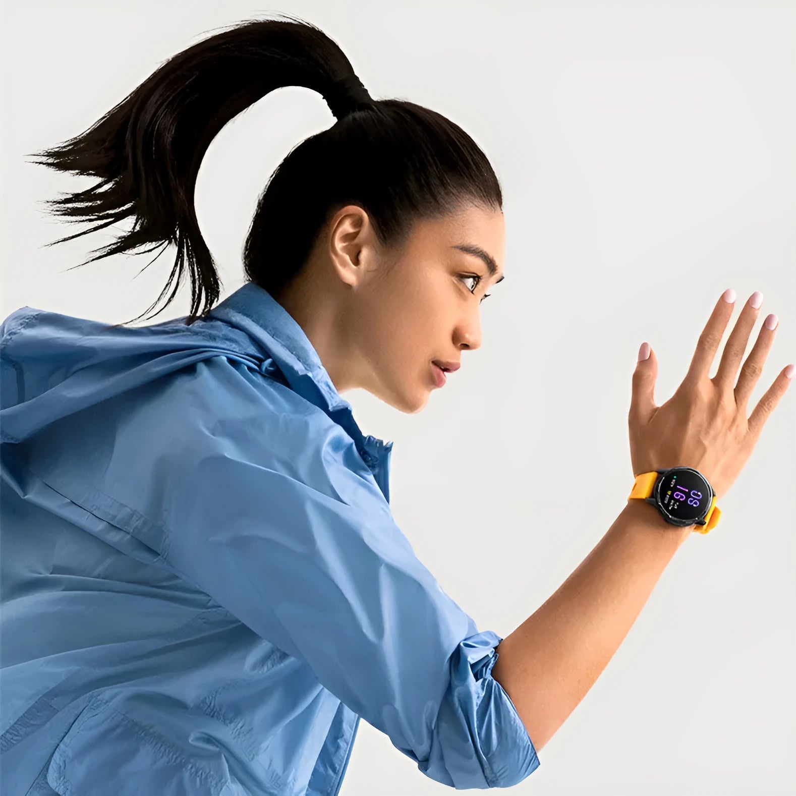 Smart watch with dual band GPS on a silicone strap, showing a 1.43 inch touch screen display.