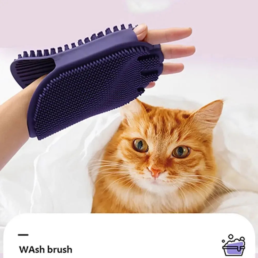 Purple dual-sided pet shampoo and massage brush with soft TPR bristles and ergonomic handle.