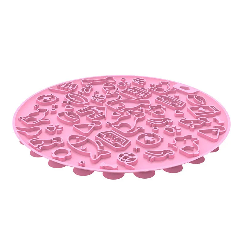 Round silicone pet licking mat with textured surface and central sucker in blue colour option