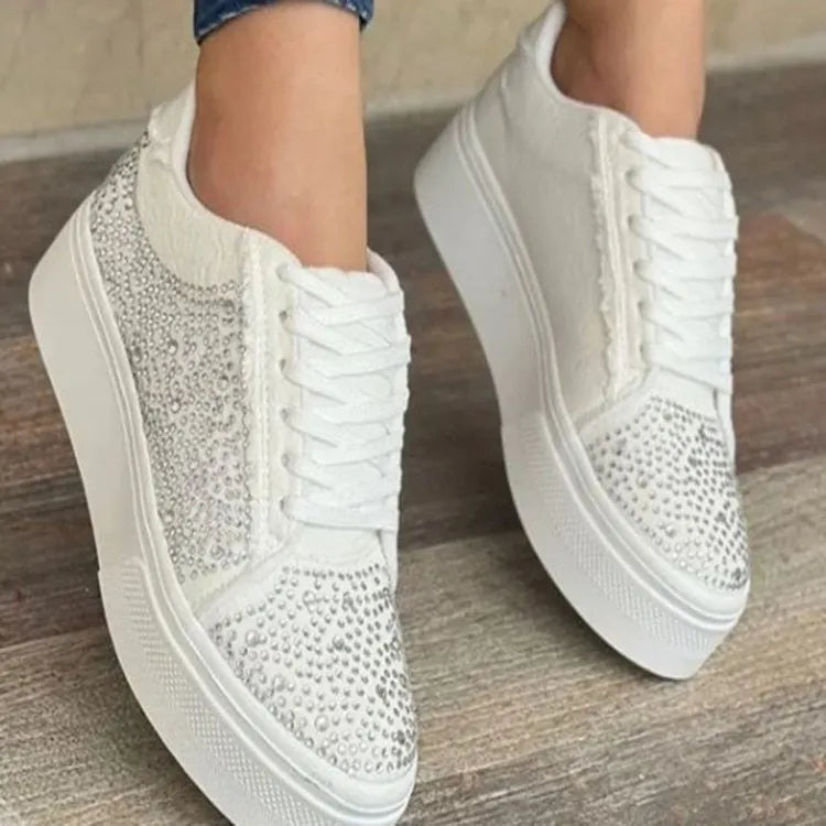 Plus size women's black lace-up casual shoes with rhinestone detail and thick rubber sole.