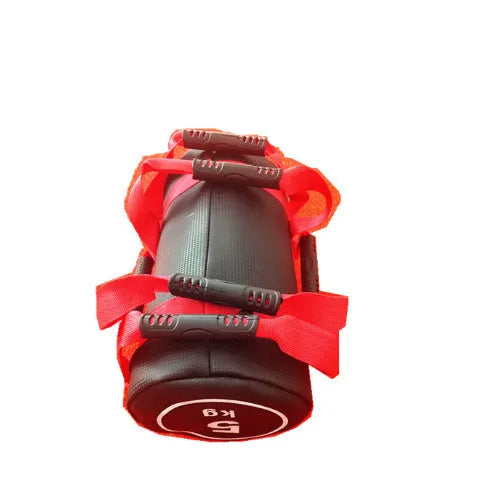 Flat white PVC fitness sandbag for weight lifting and strength training, shown with weight options.