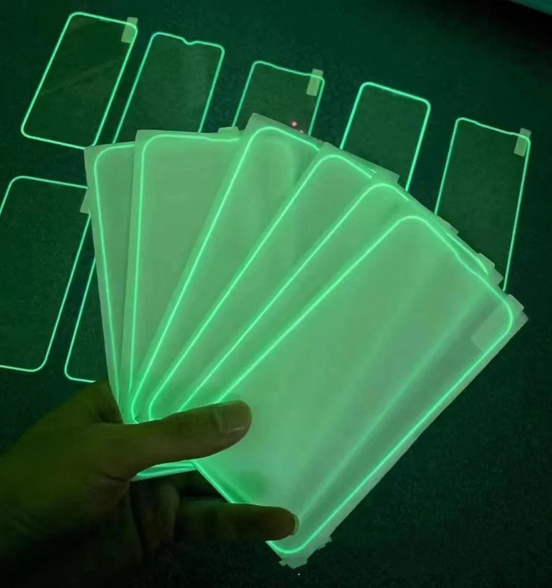 Fluorescent tempered glass full cover screen protector for iPhone in pink, yellow, green, blue, and grass green colours.