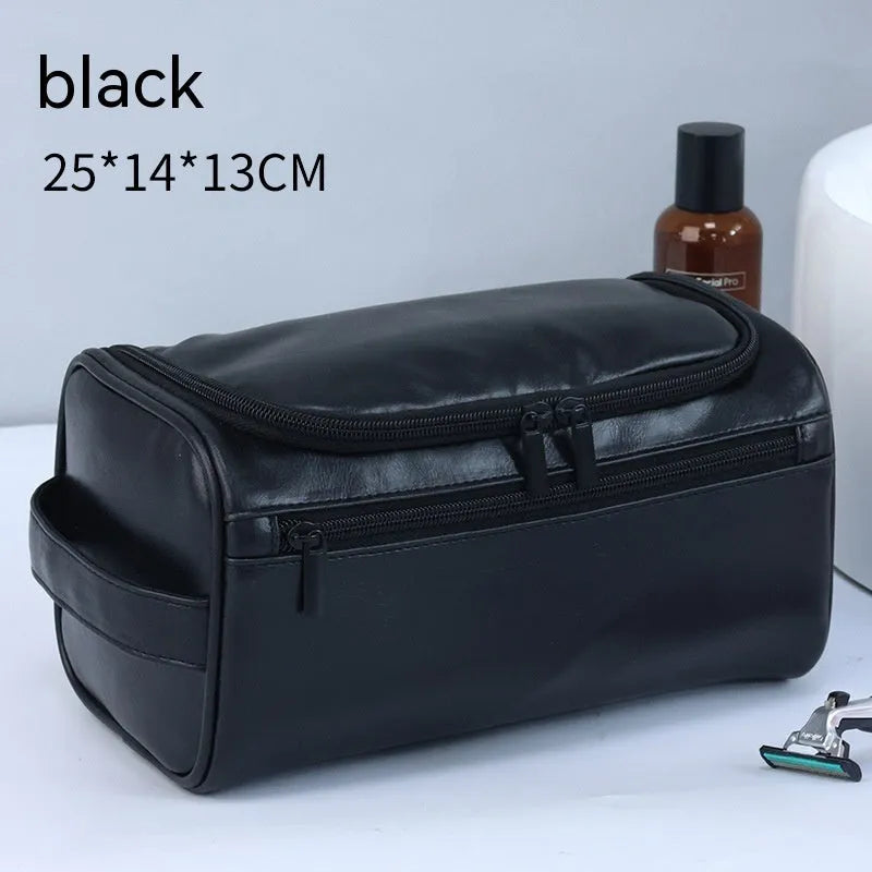 Large capacity men's waterproof cosmetic bag in upgraded high-grade PU brown colour with zip closure
