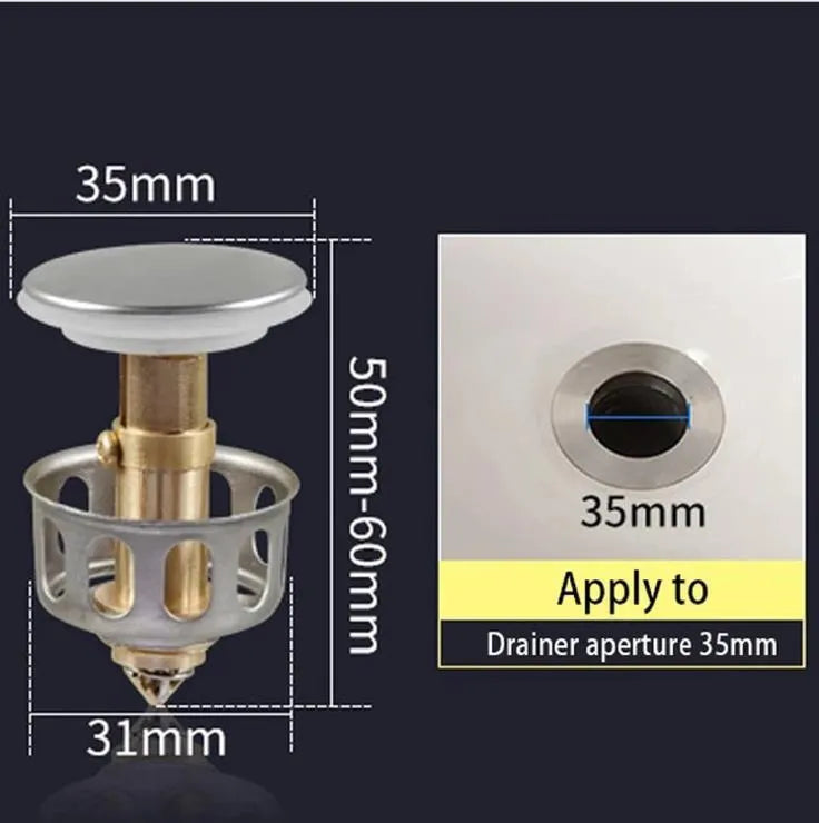White single hole kitchen sink filter basket with copper element and manual press bounce mechanism.