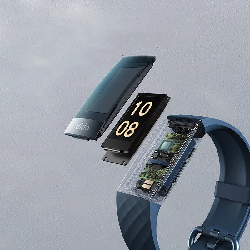 Black smart bracelet on wrist showing blood pressure and heart rate data on its 1.1-inch screen.