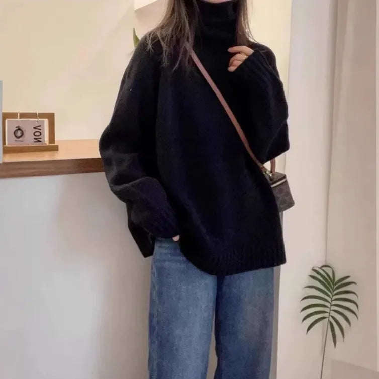 Women's loose-fit turtleneck sweater with curling pile collar in red solid colour