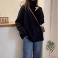 Women's loose-fit turtleneck sweater with curling pile collar in red solid colour