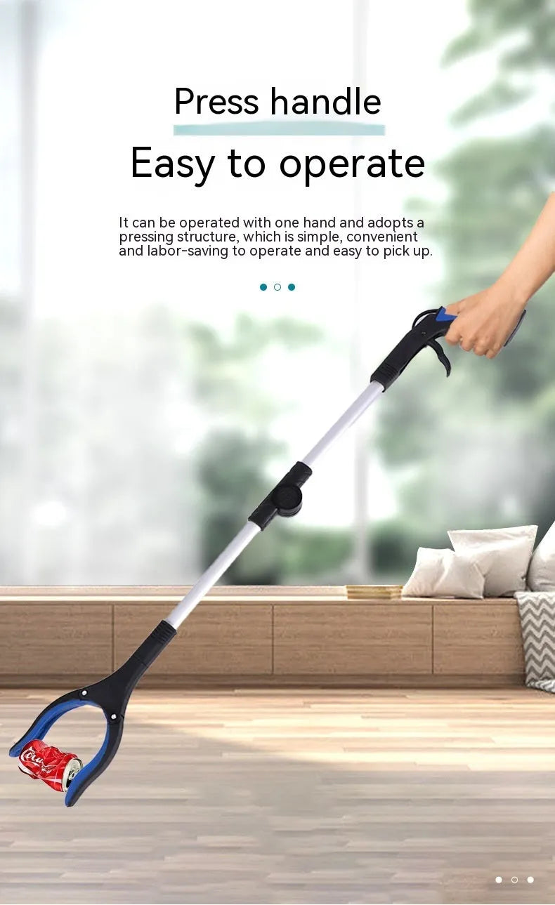 Foldable silver aluminium garbage clamp with blue handle, shown extended and with magnet sucker detail.