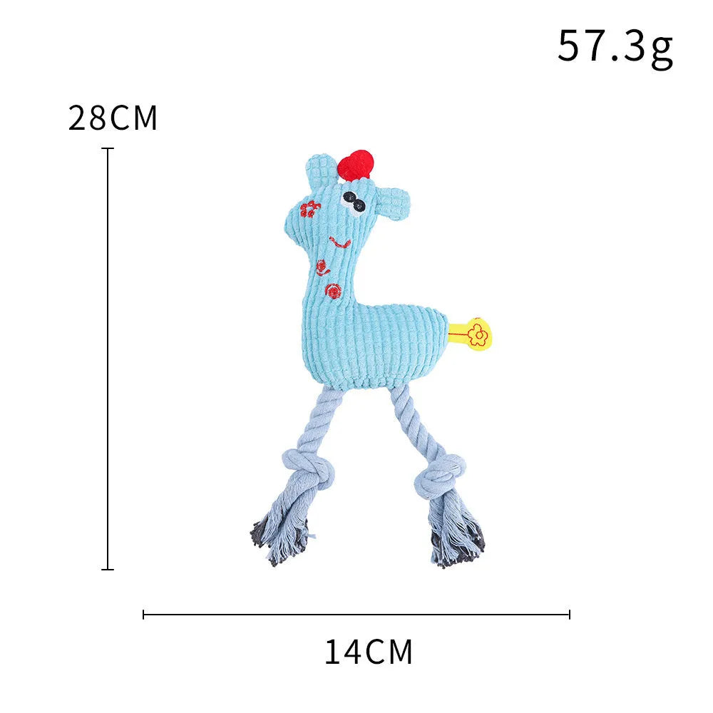 Blue deer-shaped plush dog toy with corn grain texture and squeaker for pets