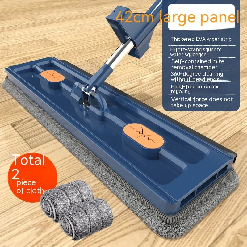 Large flat mop with blue cloth on stainless steel telescopic handle showing rotating head mechanism
