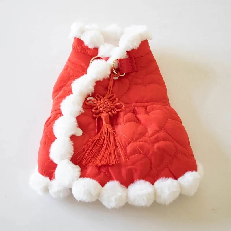 Red cotton dog jumper with Chinese knot design for festive pet clothing