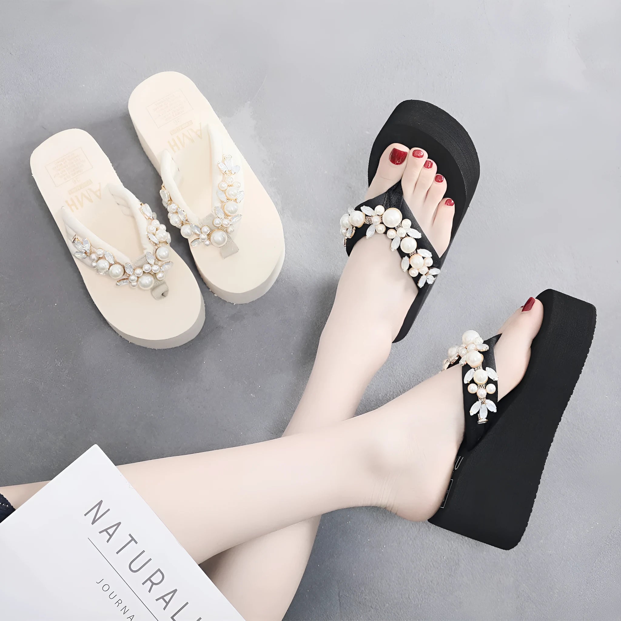 Women's high-heeled flip-flops with cotton cloth upper in beige and black colour options