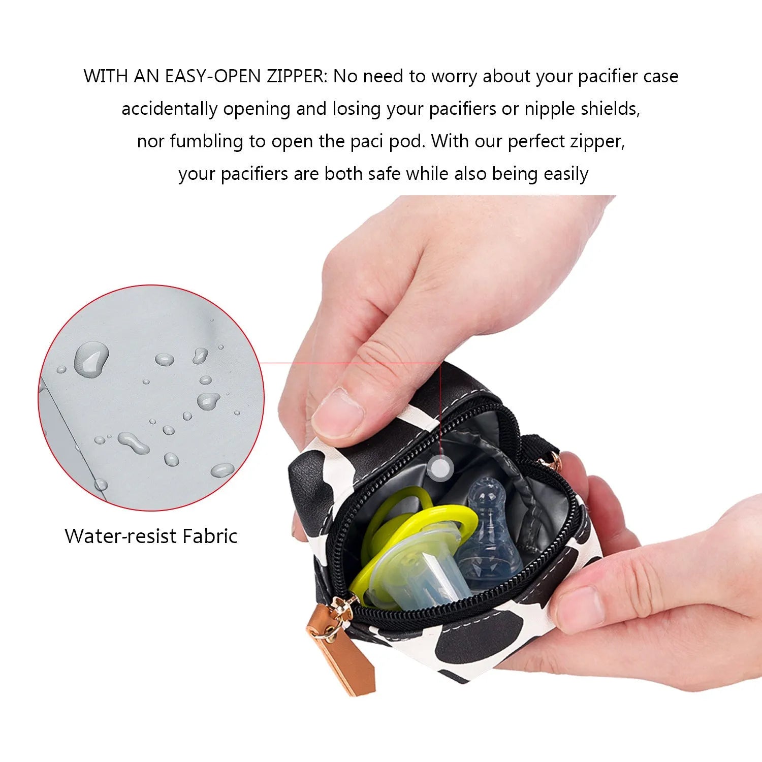 Baby pacifier holder case in PU leather with impervious nylon lining and buckle clip, holds 2 pacifiers, compact 6.35cm size