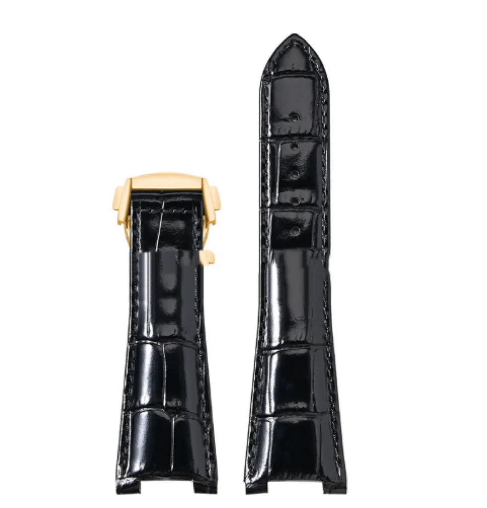 Bamboo pattern leather watch band for Observatory watches in black with silver buckle
