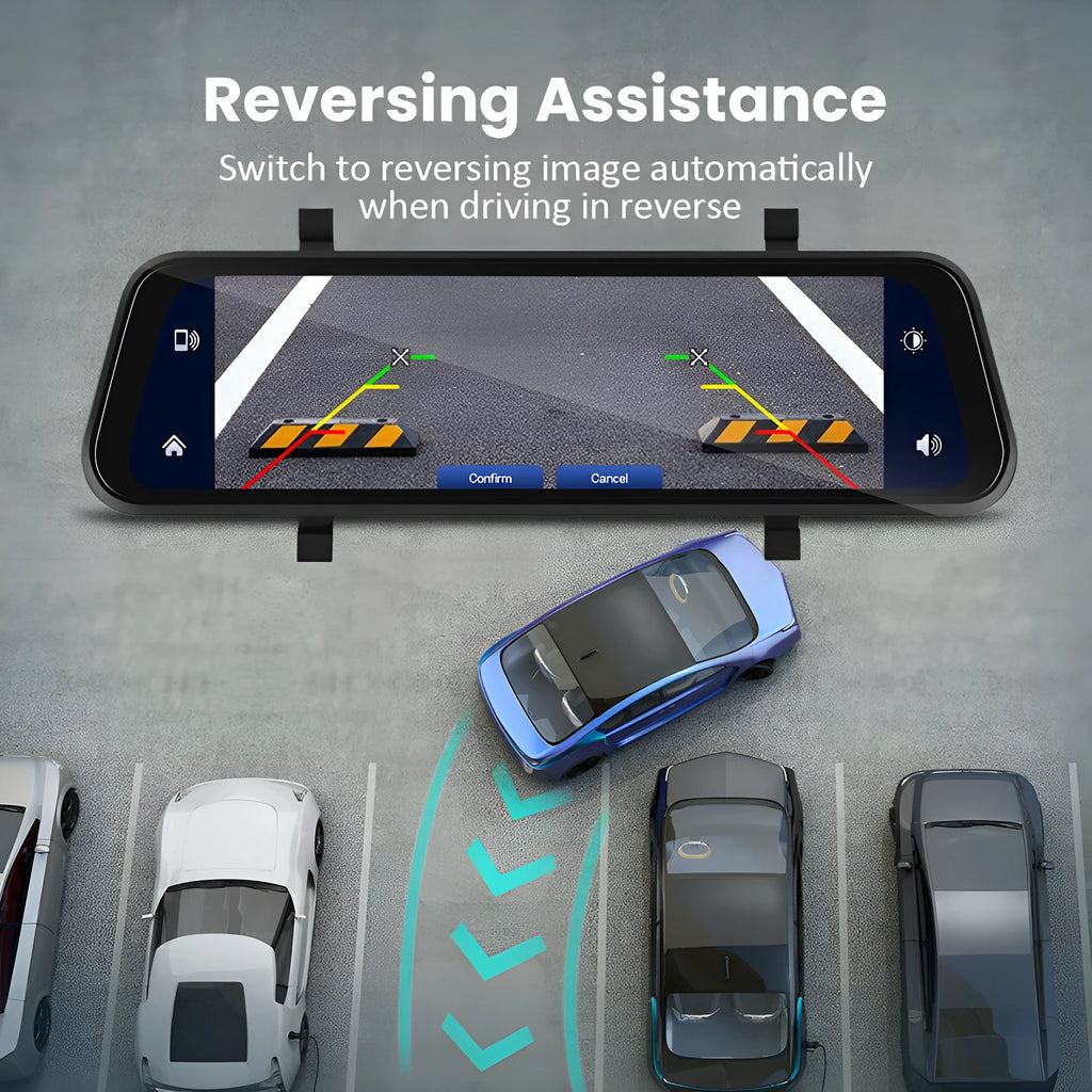 9.66-inch HD in-mirror car dash cam display with front camera and waterproof rear view camera on brackets.