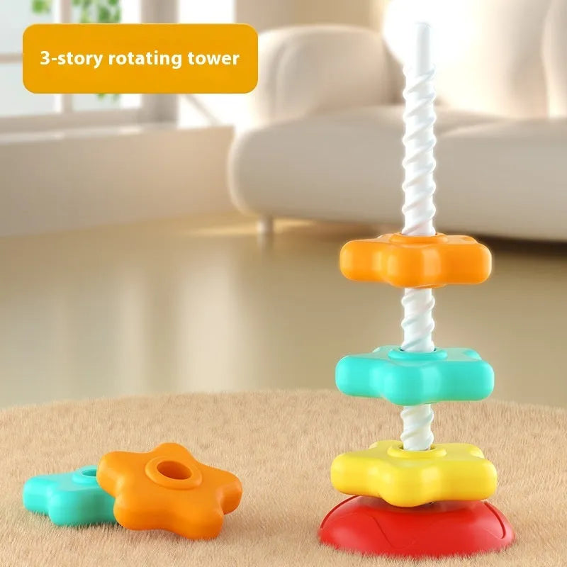 Rainbow rotating tower Jenga stacking toy with plastic pieces in 3-layer or 5-layer configuration for early education