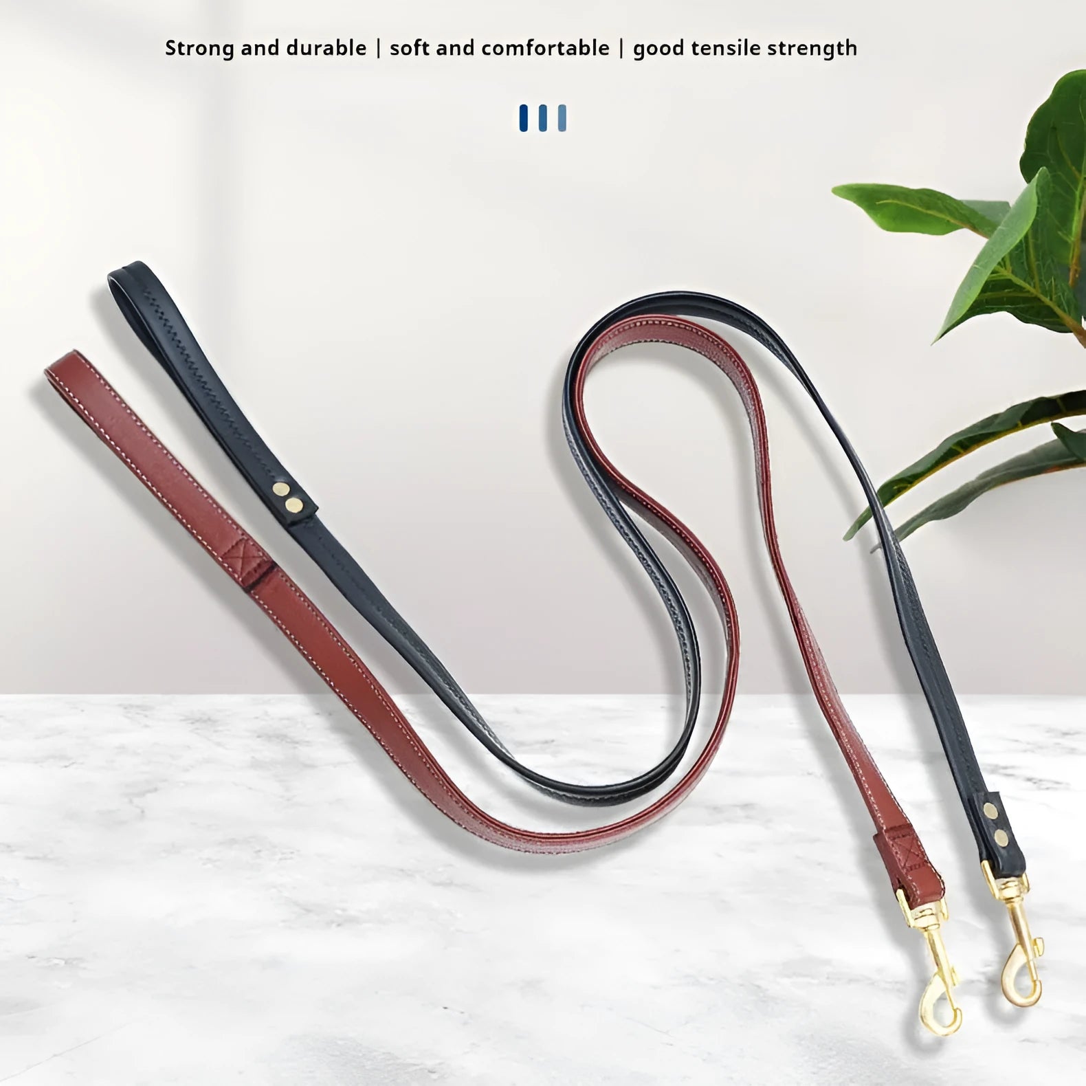 Black PU leather dog lead with metal clasp showing traction belt design
