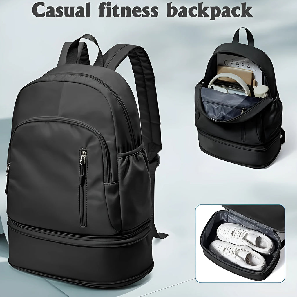 Women's casual backpack in polyester with curved shoulder straps showing decorative stitching details