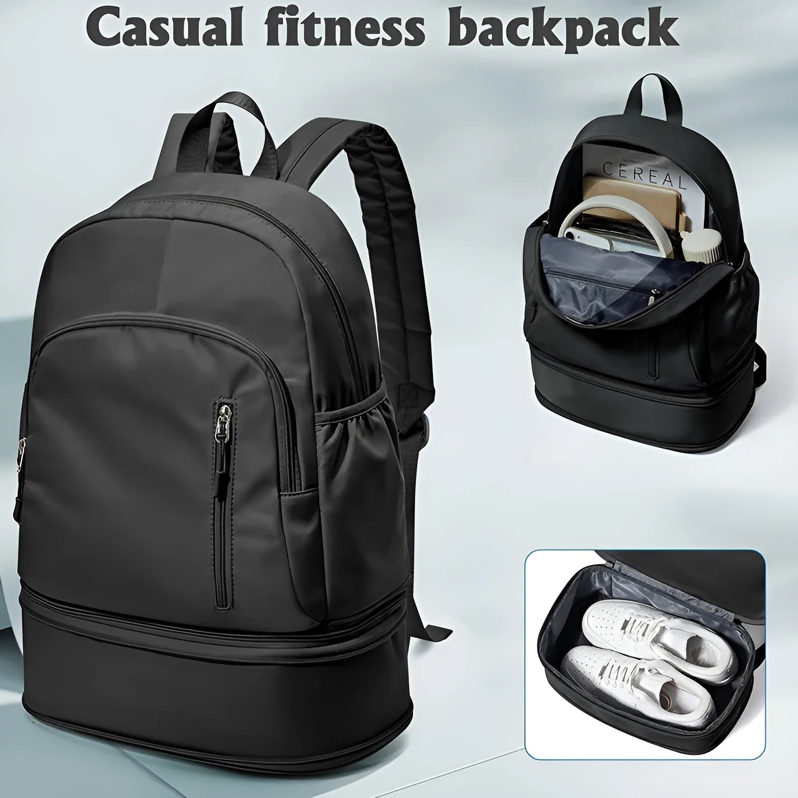 Women's casual backpack in polyester with curved shoulder straps showing decorative stitching details