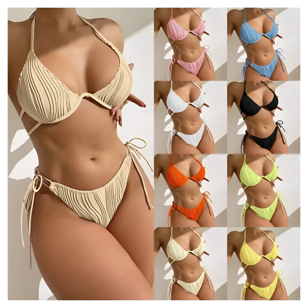 Women's steel bracket underwire bikini swimsuit in polyester fabric available in nine colours