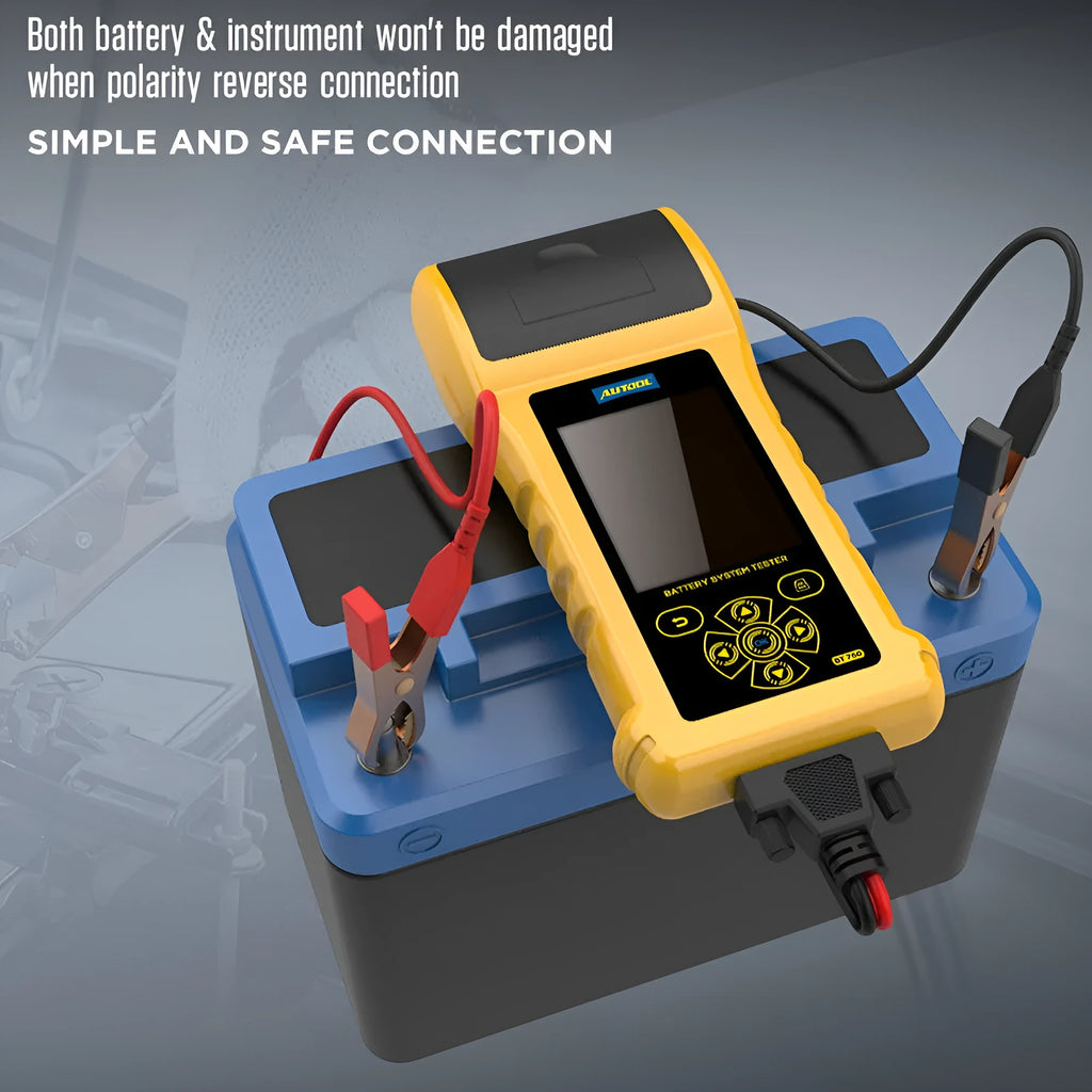 Autool BT-760 colour screen vehicle battery tester with red and black alligator clips.